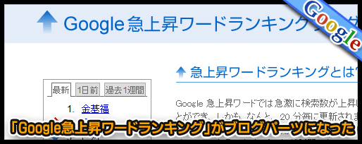 「Google急上昇ワードランキング」がブログパーツになった